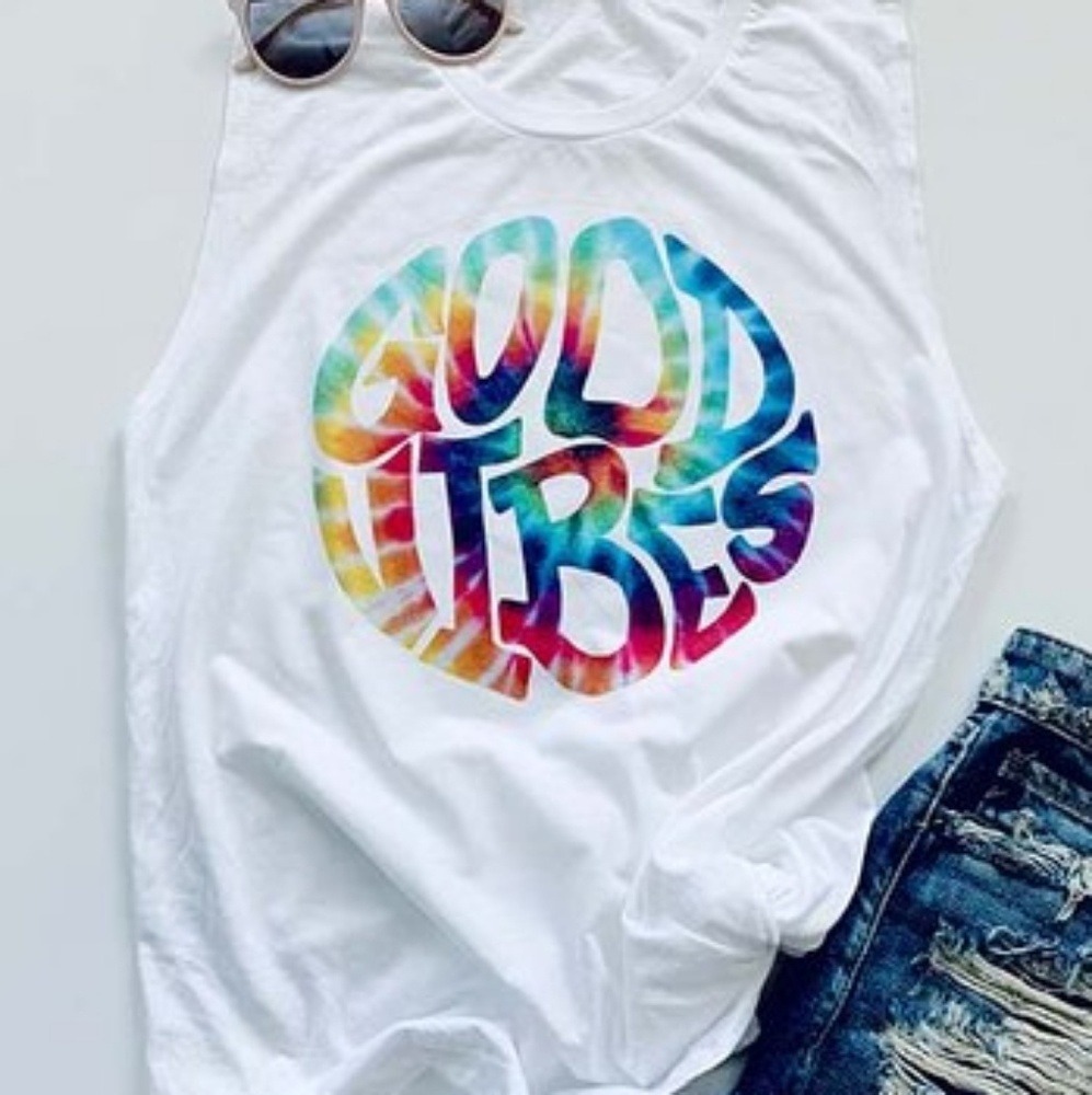 White 'Good Vibes' Tie-Dye Muscle Tank
